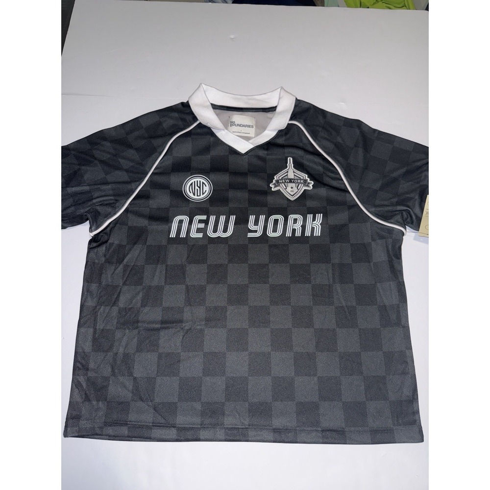 No Boundaries New York Soccer Jersey Large Black Checkered Mesh Collar USA NWT